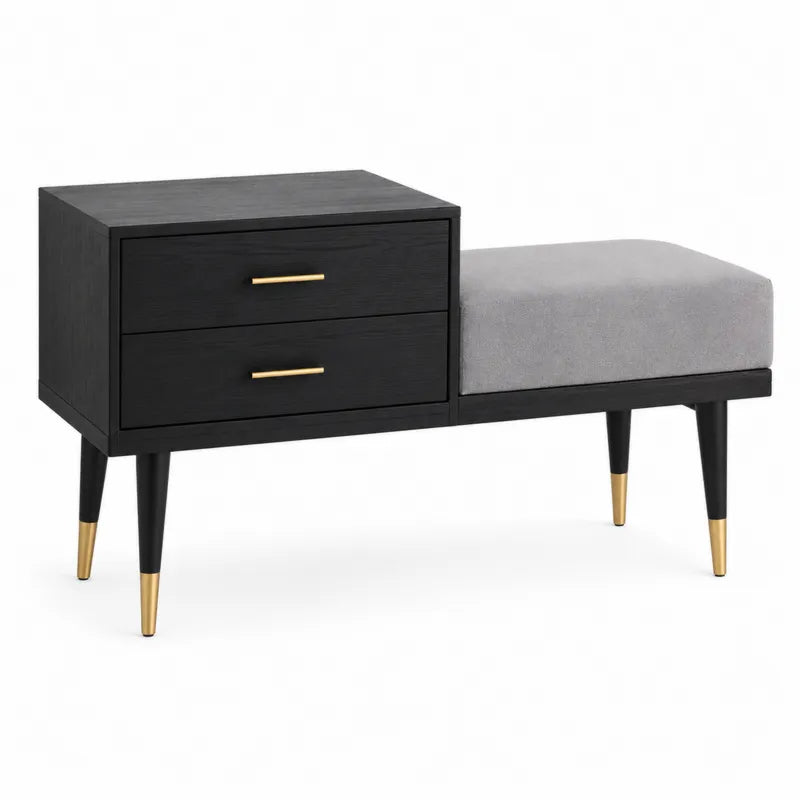 Ławka z drewna jesionowego z szufladami i siedziskiem z tkaniny czarna/szara 120 cm