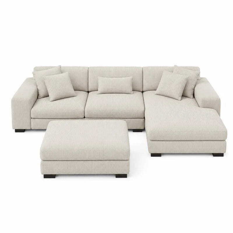 Sofa modułowa narożna beżowa sztruksowa z pufą