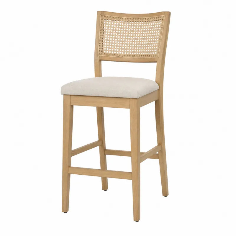 Drewniany hoker z oparciem z rattanu, beżowy