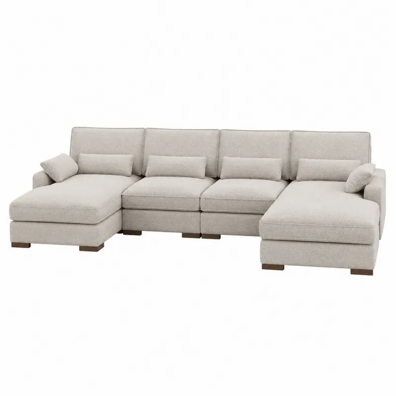 Beżowa modułowa sofa 5-osobowa z poliestru i drewna