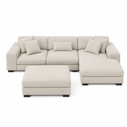 Sofa modułowa narożna beżowa sztruksowa z pufą
