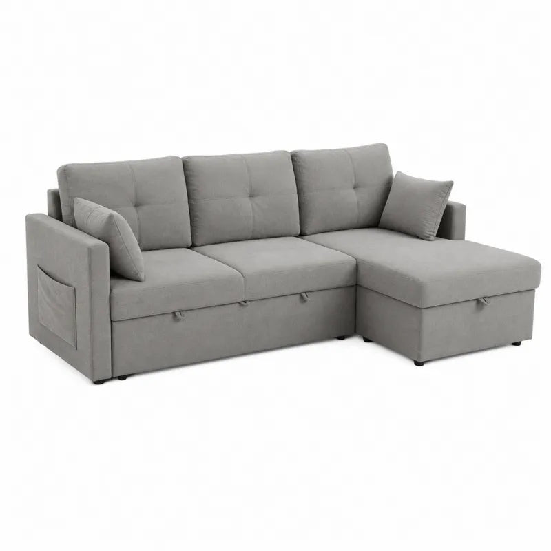 Szara sofa narożna modułowa z funkcją spania i schowkiem