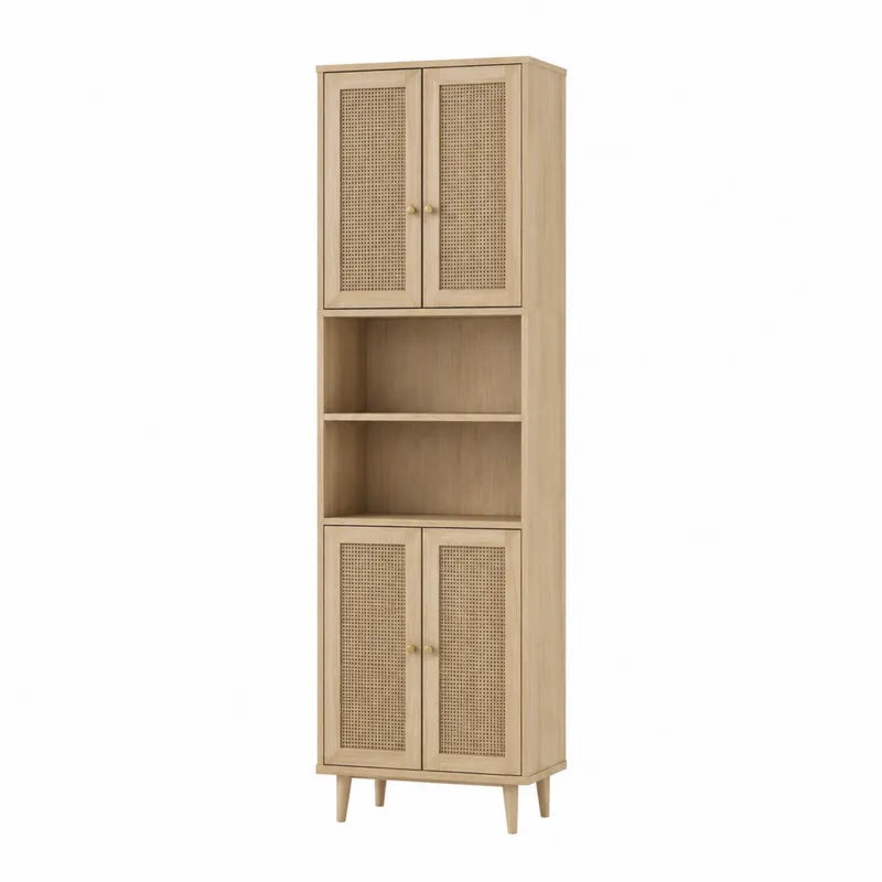 Szafka drewniana z drzwiami rattanowymi, 180x60x30 cm, jasne drewno
