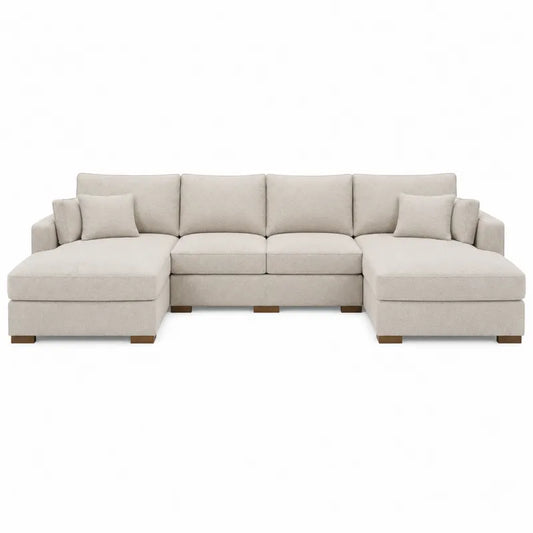 Narożna sofa z tkaniny poliestrowej w kształcie L, beżowa, 305 cm