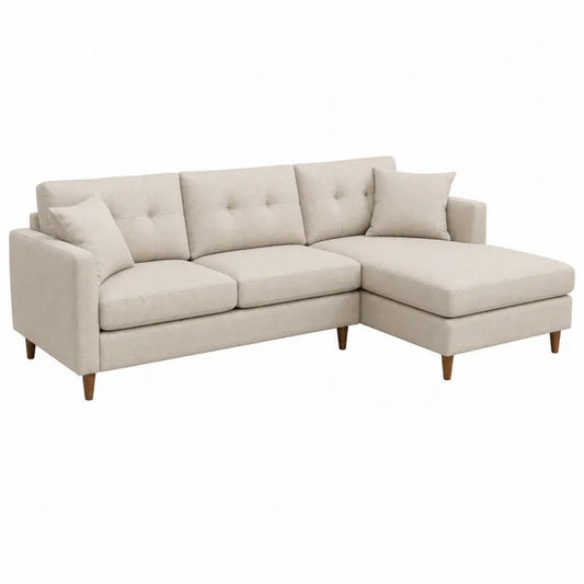Sofa narożna z tkaniny beżowa z nogami drewnianymi